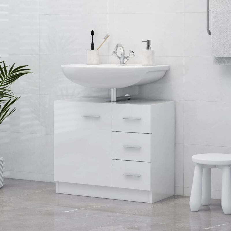 Image of Mobile Sottolavabo, Armadietto Sottolavabo, Mobile base lavabo Bianco Lucido 63x30x54 cm in Truciolato HWQ60252 Maisonchic