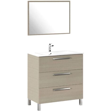 Mobile sottolavabo, Mobiletto per bagno, Armadio a 3 cassetti e specchio, lavabo non incluso, cm 80x45h86, Rovere