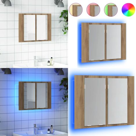 Mobile Specchio LED Rovere Artigianale 60x12x45 cm Multistrato - Luci LED - Specchio per bagno