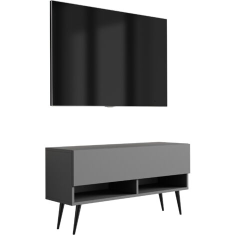 Mobile TV 100 cm Bianco opaco / Bianco lucido, gambe dritte nere, LED bianco, 100 × 32 × 52 cm