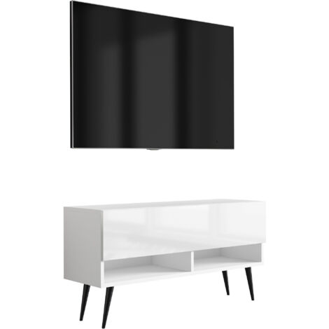 Mobile TV 100 cm Bianco opaco, gambe dritte dorate, LED bianco, 100 × 32 × 52 cm