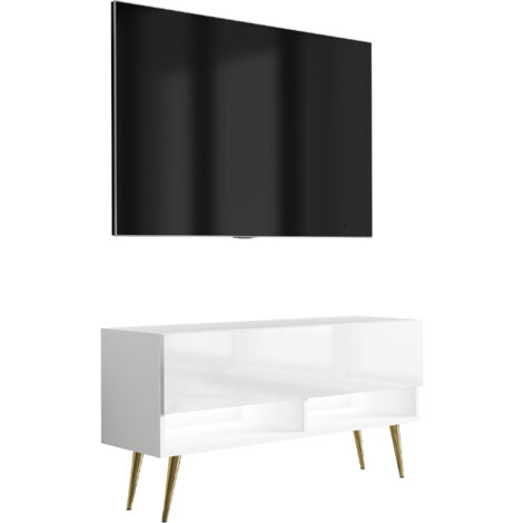 Mobile TV 100 cm Bianco opaco, gambe inclinate dorate, 100 × 32 × 52 cm