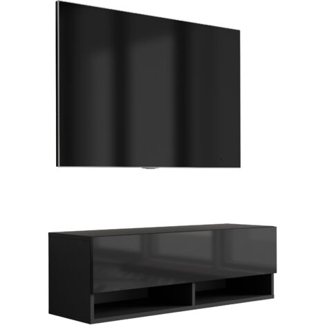 Mobile TV 100 cm Nero opaco / Nero lucido, gambe dorate inclinate, 100 × 32 × 52 cm
