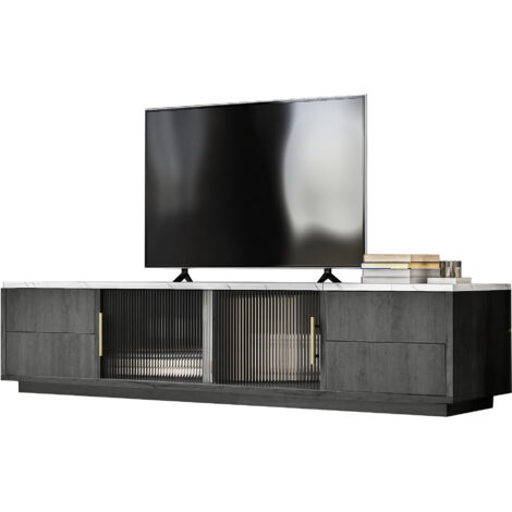 Mobile TV 160x40x38.5cm, con 4 cassetti, capacita 30KG, gestione cavi, ante vetro, MDF grigio, per soggiorno
