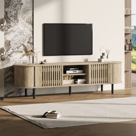 Mobile TV 160x40x47 cm, base ultra stabile a 5 supporti, per TV 65 pollici, con 2 ante, in legno, naturale, per soggiorno