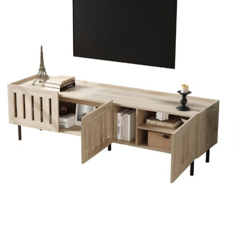 Mobile TV 160x40x47 cm con Gambe Metallo, Superficie Antiscivolo, Ripiani Aperti e Chiusi, MDF, Naturale, per Soggiorno