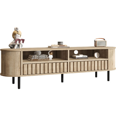 Mobile TV 160x40x48 cm per TV 65 Pollici, con 2 Ante e 2 Cassetti, 5 Gambe, MDF, Naturale, per Soggiorno e Camera