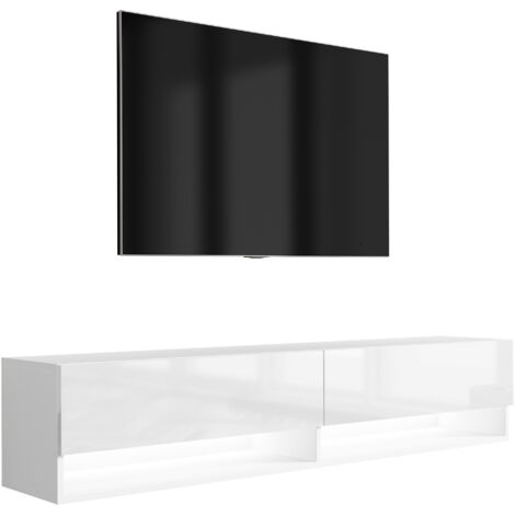 Mobile TV 170 cm Bianco opaco / Bianco lucido, gambe dorate inclinate, LED bianco, 170 × 32 × 52 cm