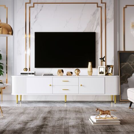 Mobile TV 170 cm Moderno con Cassetti e Fianchi Ondulati, Bordi Curvati, Maniglie e Piedi Dorati - Bianco