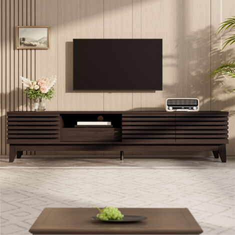 Mobile TV 170x35x40cm portata 55kg 3 ante 1 cassetto design lamelle vintage spazio per dispositivi truciolato legno naturale