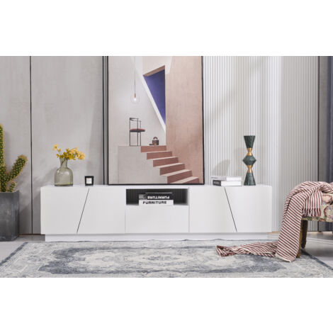 Mobile TV 170x37x42 cm con 1 cassetto, 4 ante unite in diagonale e 1 vano a giorno, MDF, bianco