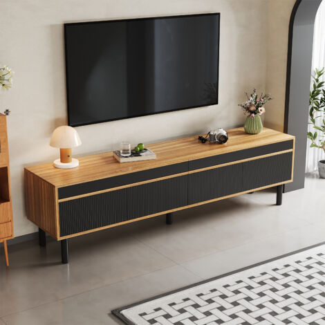 Mobile TV 170x38x47 cm, moderno, 4 ante, finitura nera e legno, gambe in legno, MDF, nero, per soggiorno e camera da letto