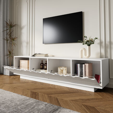 Mobile TV 170x45x40 cm, Design con Onde Decorative, 4 Ante, Spazio Ben Organizzato, MDF e PB, Bianco, per Soggiorno