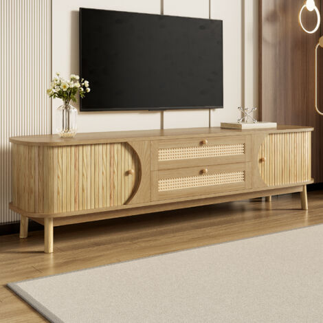 Mobile TV 170x46x39.5cm, design unico, ante in legno, cassetti in rattan, maniglie tonde, MDF e legno naturale, per soggino