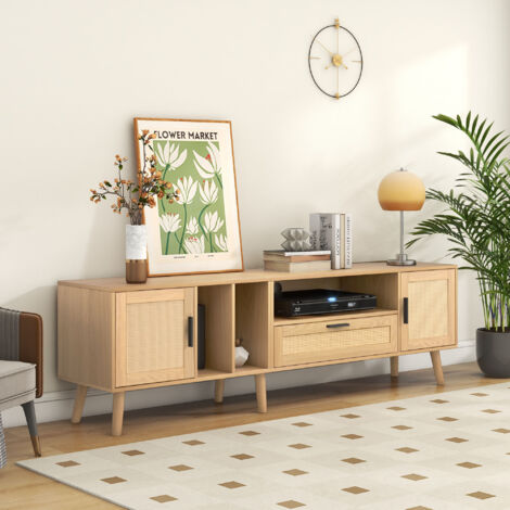 Mobile TV 180cm ante e cassetto in rattan, truciolare color rovere