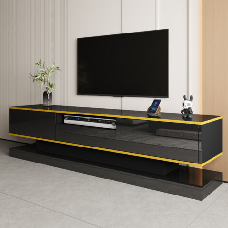 Mobile TV 180x38x45 cm, 3 Cassetti Scorrevoli con Guida Liscia, Illuminazione LED Multicolore, Nero e Oro, per Soggiorno