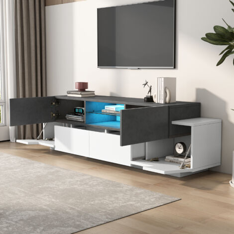 Mobile TV 180x40x45 cm, LED, per TV 55-80 Pollici, 2Cassetti e 4 Ante,con Ripiani in Vetro, Bianco e Grigio, per Soggiorno