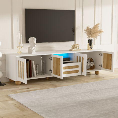 Mobile TV 180x40x47cm, mobile multifunzionale con angoli arrotondati, con 4 ante e 1 cassetto, LED, gambe sferiche, MDF e truciolare, bianco