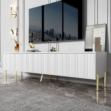 Mobile TV 190x38x48 cm, Porte con Design a Scanalature, Spazio di Stoccaggio, Gambe Dorate, MDF, Bianco, per Soggiorno
