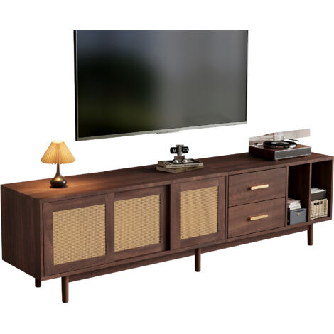 Mobile TV 190x40x52 cm, Ante Scorrevoli e Cassetti, MDF con Effetto Rattan, Marrone, per Soggiorno e Camera