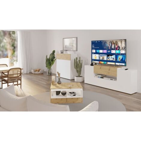 Mobile TV 2 ante 2 cassetti bianco lucido e quercia artigianale Olpe - L182 cm