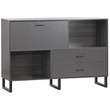 Mobile TV 2 Cassetti 2 Ripiani 1 Anta 140x95x35 cm in Legno Effetto Olmo Scuro e Grigio