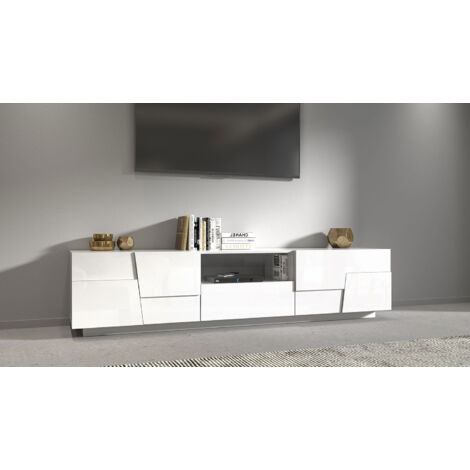 Mobile Tv 4 Anta 1 Cassetto e Ripiano a Giorno 220x44x46 cm Pongo 4A 1C Bianco Lucido