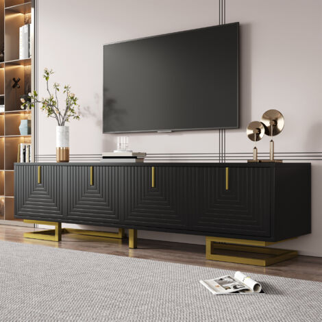 Mobile TV a 4 ante con contenitore, maniglie e piedini dorati, mobile basso per soggiorno e camera da letto, 160×38×44 cm, nero