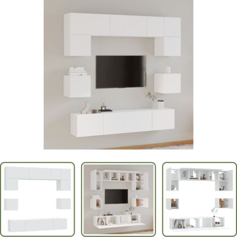 Mobile TV a muro -  Set Mobili Porta TV 8pz Bianco in Legno Multistrato