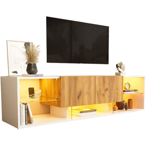 Mobile TV basso 160x40x42cm, 3 ripiani e 2 cassetti, illuminazione LED 16 colori, capacità 40kg, MDF, bianco, per soggiorno