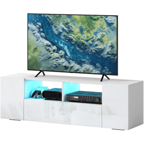 Mobile TV basso con 16 LED e spazio contenitore, Bianco lucido 137×35×42 cm