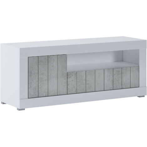 Mobile TV Basso In Melaminico Con Anta Laterale E A Ribalta Vano A Giorno Ripiani Mensole Interne Design Moderno Senza Maniglie Soggiorno Living Salotto 136.9 x 41.8 x 56 Cm Bianco e Grigio Cemento