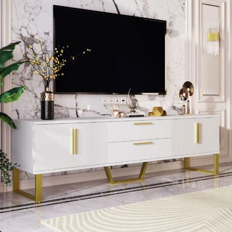 Mobile TV basso, MDF laccato lucido, 4 ante e 2 cassetti, bianco e oro, 170x40x53,5 cm