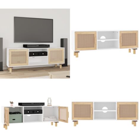 Mobile TV Bianco 105x30x40 cm Massello Pino e Rattan Naturale - TV mobile - Mobile TV in legno