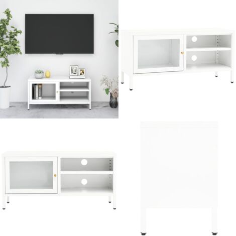 Mobile TV Bianco 90x30x44 cm in Acciaio e Vetro - TV in acciaio - TV in vetro