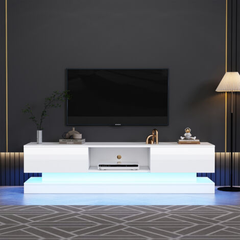 Mobile TV bianco lucido 160 x 35 x 40,5 cm con illuminazione a LED, 2 cassetti, controllo app, design antiribaltamento, per TV da 60 pollici, pannello TV, supporto TV basso