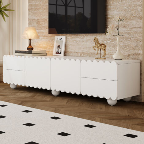 Mobile TV con 2 Ante e 2 Cassetti, Bordi Arrotondati, Design Minimalista, Soggiorno, in MDF e Pannello Truciolare, Bianco, 175×38×37 cm