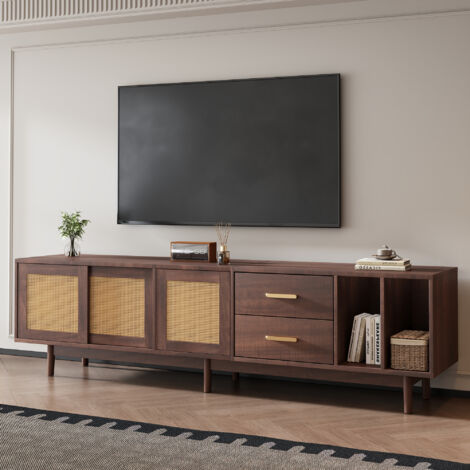 Mobile TV con 3 Ante, 2 Cassetti e 2 Nicchie, Ante in Rattan, Stile Giapponese, in MDF, 190×40×52 cm, Marrone
