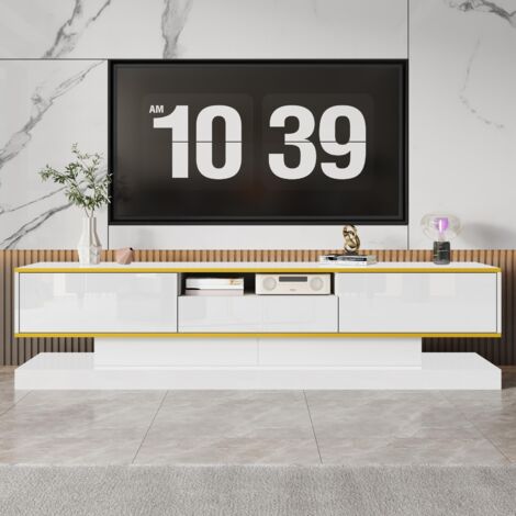 Mobile TV, con 3 cassetti e un vano aperto, finitura lucida, illuminazione LED che cambia colore, 180x38x45 cm, bianc