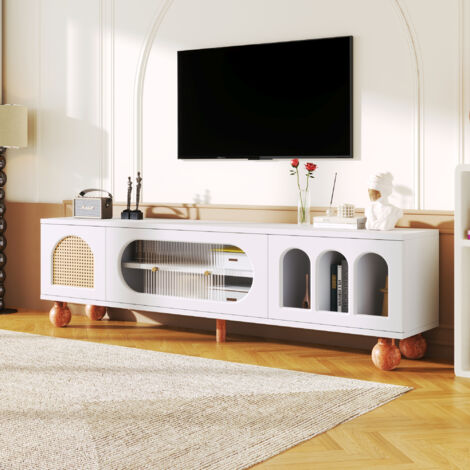 Mobile TV con 3 Vani Aperti, Ante Effetto Rattan e Vetro, Anta Scorrevole in Vetro, Bianco, 170×47×37 cm