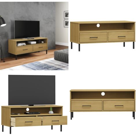 Mobile TV con Gambe Metallo Marrone Legno Massello di Pino OSLO - Mobile TV - Mobile TV in legno massello