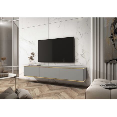 Mobile TV con lamelles bianche, gambe dorate, 135 x 30 x 52 cm, Push to Open