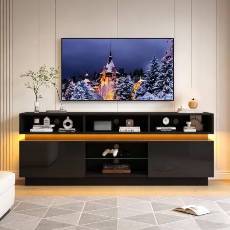 Mobile TV con LED, 10 scomparti, frontali lucidi e vetro temperato, in nero, 160x35x60 cm