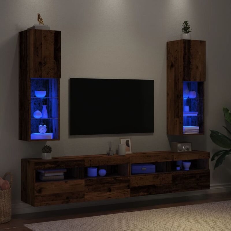 vidaXL Mobili Porta TV con Luci LED 2 pz Legno Antico 30,5x30x102 cm