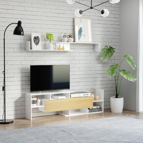 Mobile TV con Mensola a Muro, Ripiani Aperti e Armadietto in Legno, Mobile TV Moderno per Soggiorno e Camera da Letto, Bianco e Legno