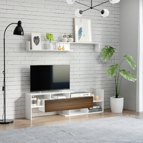 Mobile TV con Mensola a Muro, Ripiani Aperti e Armadietto in Legno, Mobile TV Moderno per Soggiorno e Camera da Letto, Bianco e Marrone