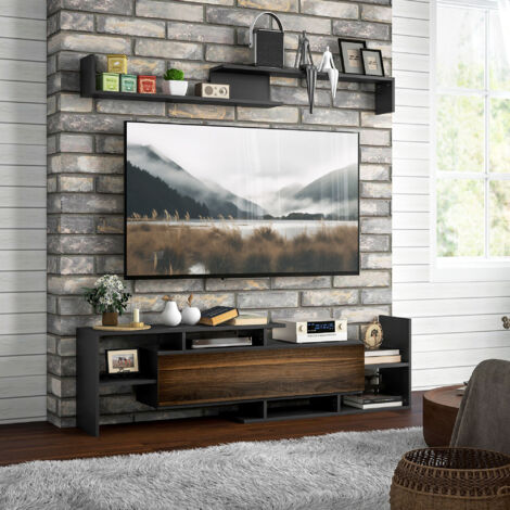 Mobile TV con Mensola a Muro, Ripiani Aperti e Armadietto in Legno, Mobile TV Moderno per Soggiorno e Camera da Letto, Nero e Marrone