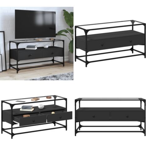 Mobile TV con Piano in Vetro Nero 98x35x51 cm Legno Multistrato - Armadio TV - Mobile TV in vetro