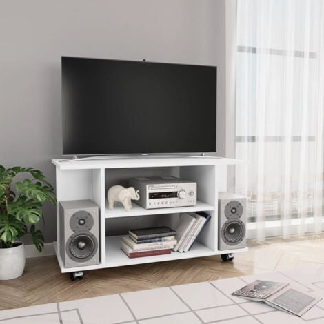 EASYCOMFORT Mobile porta TV in Legno con Ruote, Bianco, 80x40x40cm