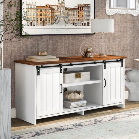 REDOM Mobile TV, credenza, mobile da cucina, mobile contenitore, mobile laterale, con 2 ante scorrevoli, ripiano regolabile, ripiani aperti, soggiorno, sala da pranzo, corridoio, design industriale, marrone